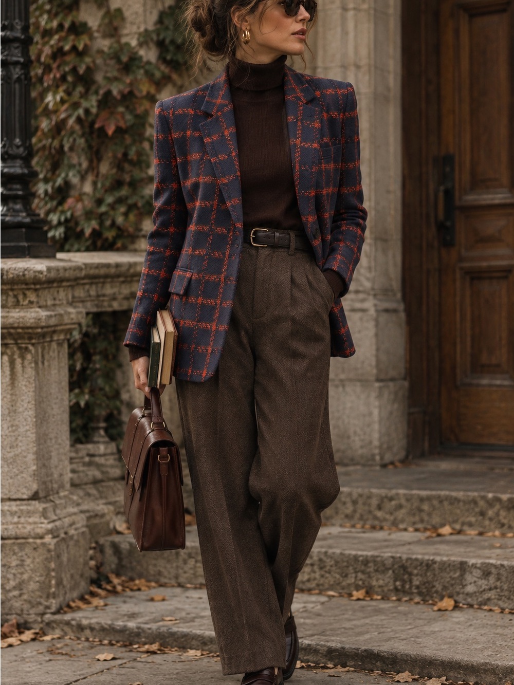 Anne Klein Navy Plaid Blazer with Rust Windowpane